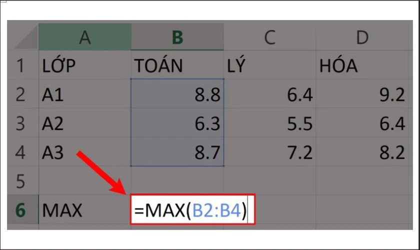 Dùng hàm MAX trong Excel tìm ra số điểm cao nhất trong bảng