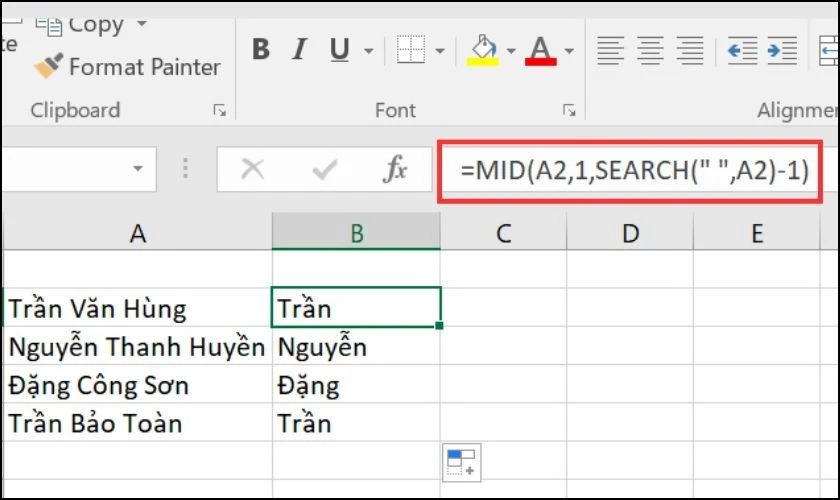 Cách dùng hàm MID để trích xuất họ