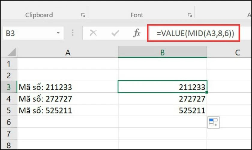 Cách khiến hàm MID trả về một số