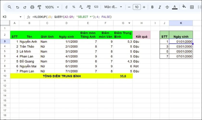 Cách sử dụng Hàm Query trong GG Sheet với hàm Vlookup