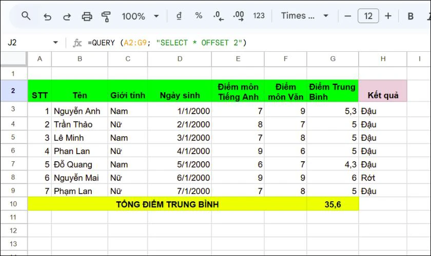 Các câu lệnh hàm được Query hỗ trợ trong GG Sheet