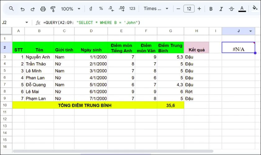 Lỗi #N/A trong hàm QUERY