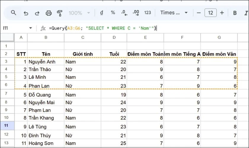 Cách sử dụng Hàm Query trong GG Sheet có điều kiện Where