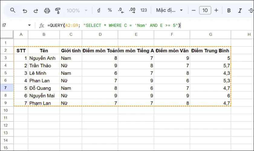 Cách sử dụng Hàm Query trong GG Sheet với hàm AND