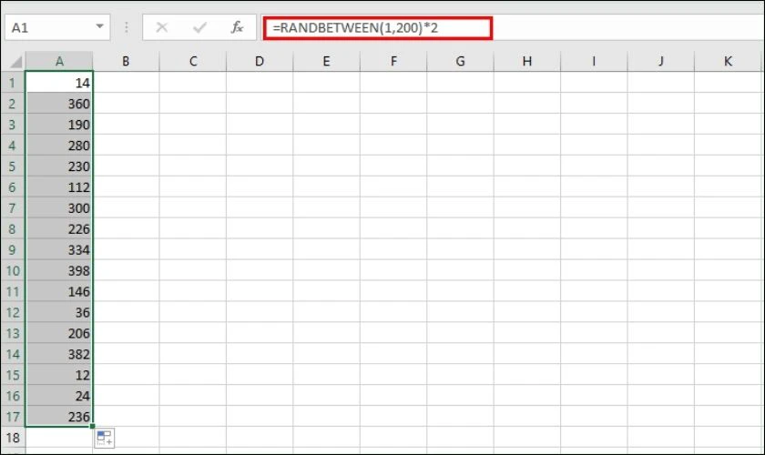 Tạo số chẵn ngẫu nhiên từ 2 đến 400. Công thức: =RANDBETWEEN(1,200)*2