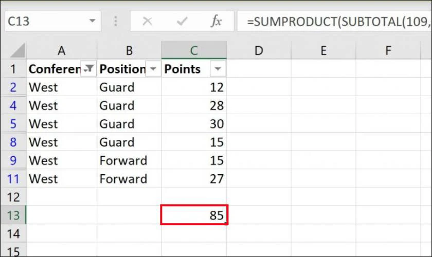 Dùng công thức kết hợp SUMPRODUCT và SUBTOTAL