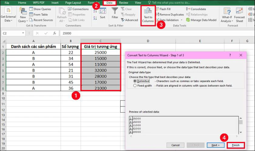 Chọn cột cần sửa, vào tab Data, chọn Text to Columns, sau đó nhấn Finish