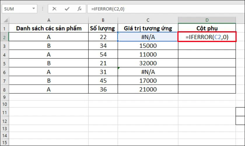 Sử dụng hàm IFERROR để thay thế giá trị #N/A bằng 0