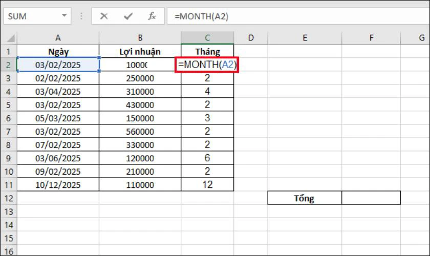 nhập công thức: =MONTH(A2)