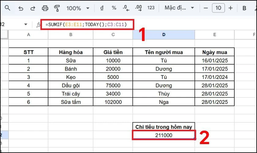 Cách dùng hàm SUMIF kết hợp với hàm TODAY