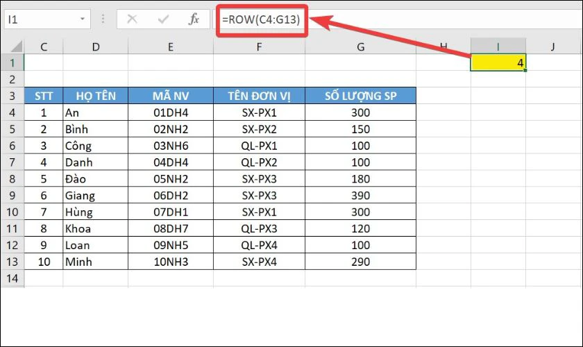 Xác định chính xác vị trí hàm hiện tại với hàm ROW