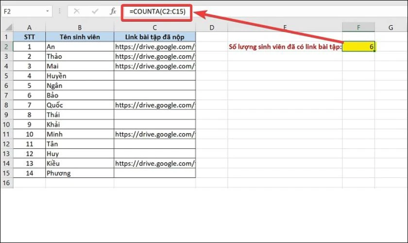 Hàm COUNTA dùng để đếm ô có chứa dữ liệu trong Excel