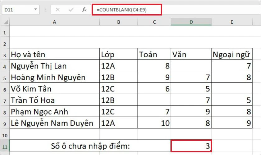 Hàm COUNTBLANK đếm số lượng ô trống trong Excel