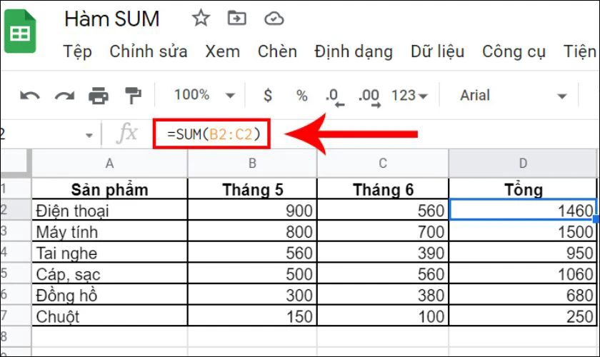 Hàm SUM tính tổng giá trị số trong Excel