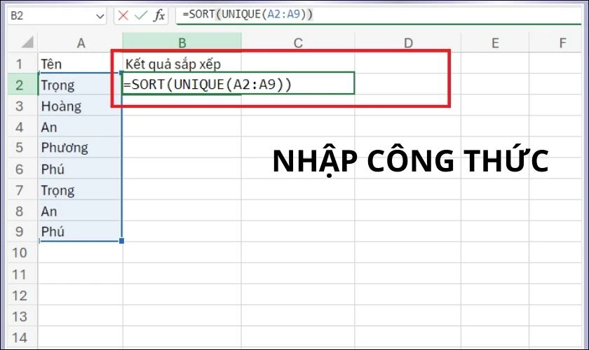 Nhập công thức hàm SORT trong bảng tính