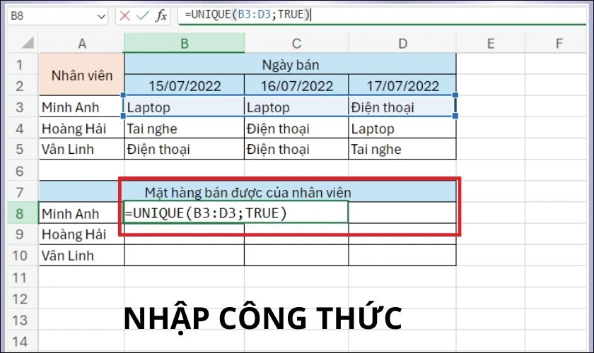 Ví dụ minh họa cách dùng hàm UNIQUE có điều kiện