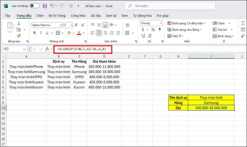 Sử dụng hàm VLOOKUP để xác định mức giá theo dịch vụ
