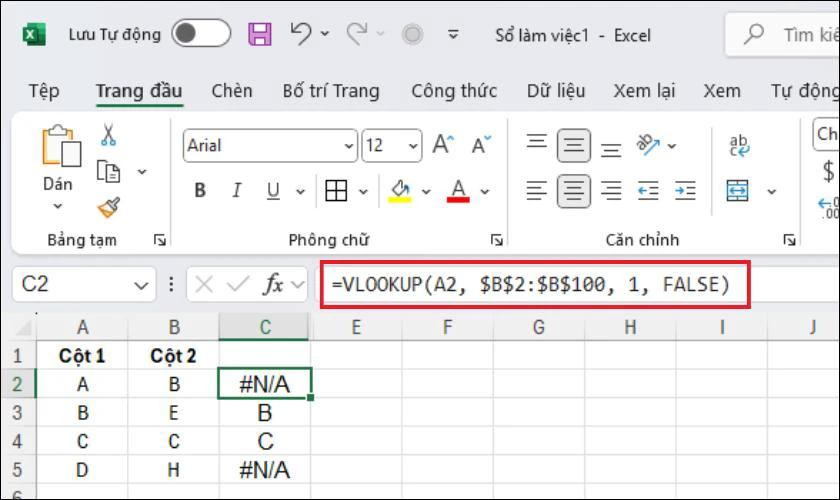 Cách dùng hàm VLOOKUP so sánh 2 cột