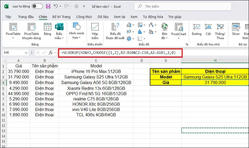 Cách sử dụng hàm VLOOKUP kết hợp với hàm CHOOSE