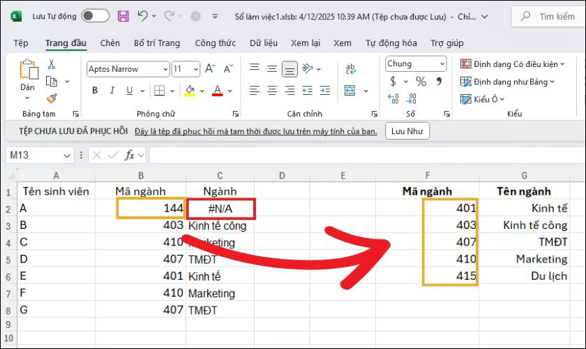 Lỗi #N/A trong excel hàm VLOOKUP