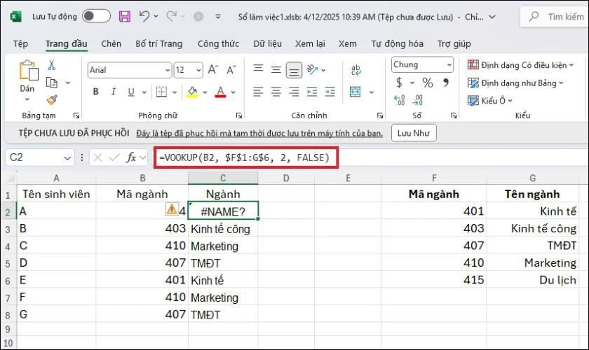 Lỗi #NAME? khi dùng hàm VLOOKUP