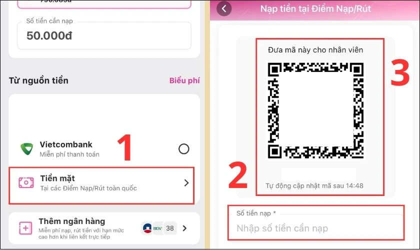 Nhập số tiền muốn nạp và đưa mã QR cho nhân viên