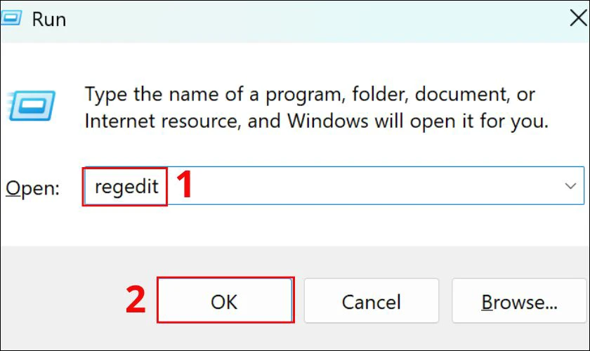 Nhấn tổ hợp Windows + R, sau đó nhập regedit rồi nhấn OK