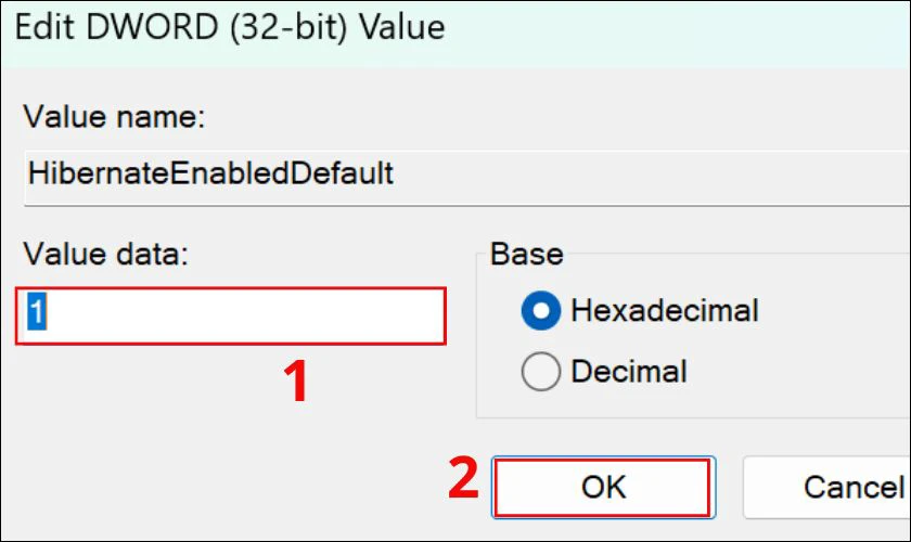 Đổi giá trị ô Value data thành 1 và nhấn OK