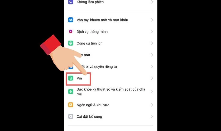 Trong cài đặt tìm và chọn vào mục pin