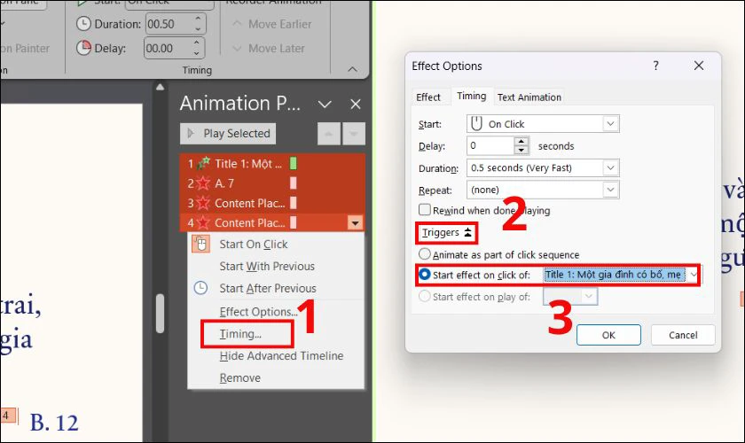 Nhấp vào Timing và chọn Trigger