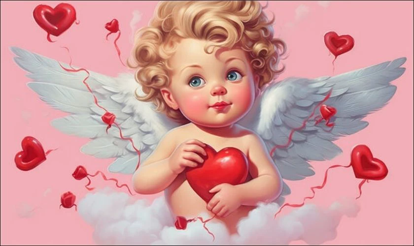 Thần Cupid và trái tim đỏ