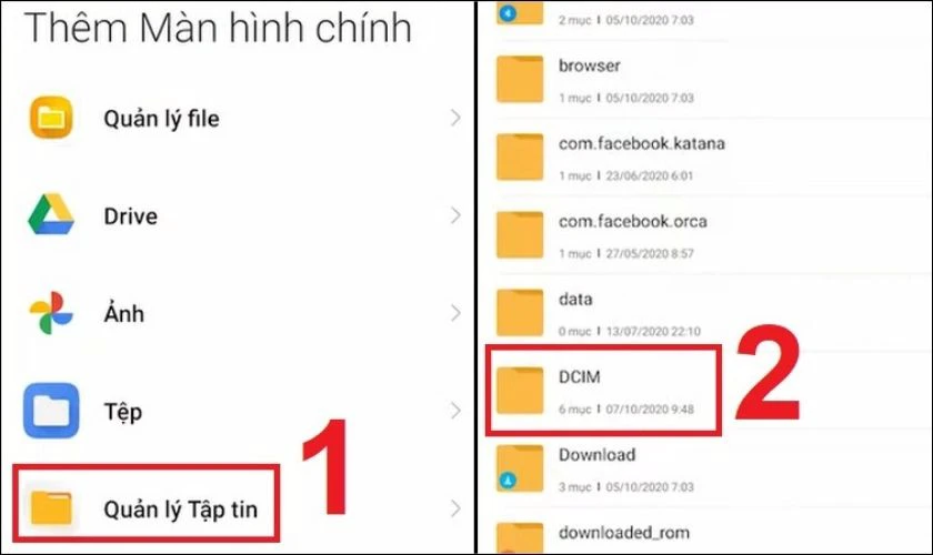 Chọn Quản lý tập tin và ấn vào mục DCIM