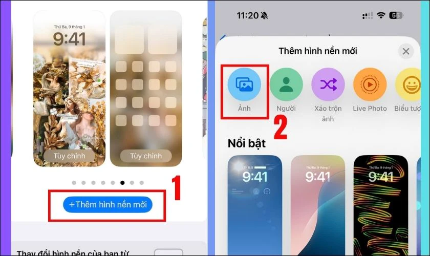 Nhấn chọn Thêm hình nền mới, sau đó nhấn Ảnh