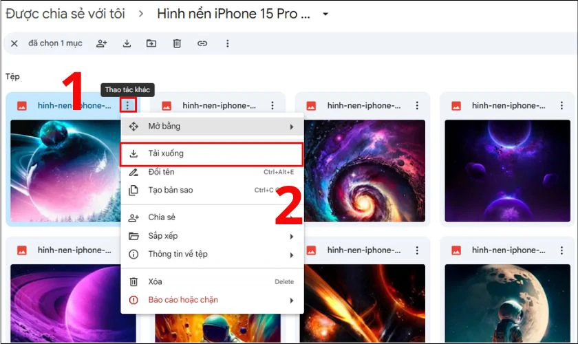 Nhấn vào dấu 3 chấm ở góc phải ảnh, chọn Tải xuống