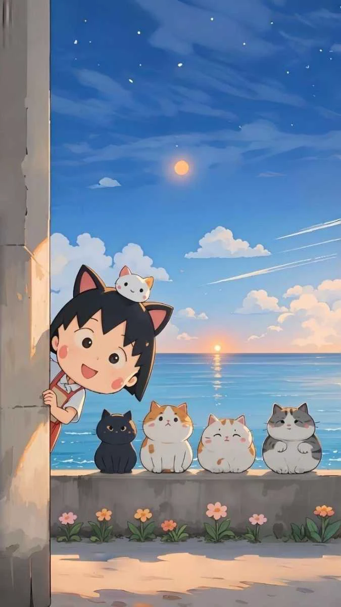 Hình nền cô bé và các chú mèo