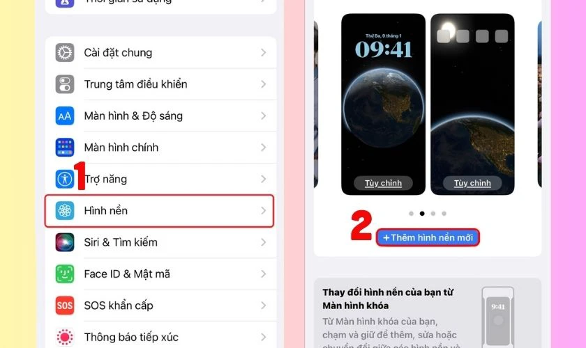 Mở Cài đặt và tìm đến phần Hình nền, nhấn vào Thêm hình nền mới