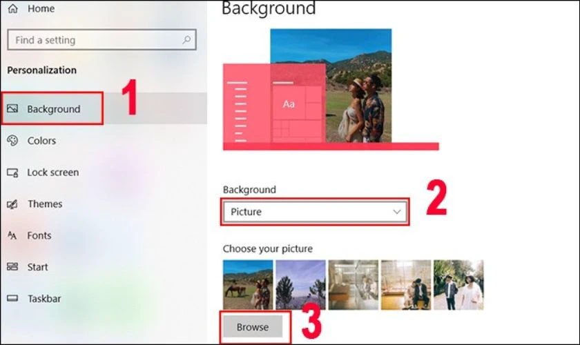 Truy cập vào mục Background và chọn Picture rồi nhấn tiếp Browse