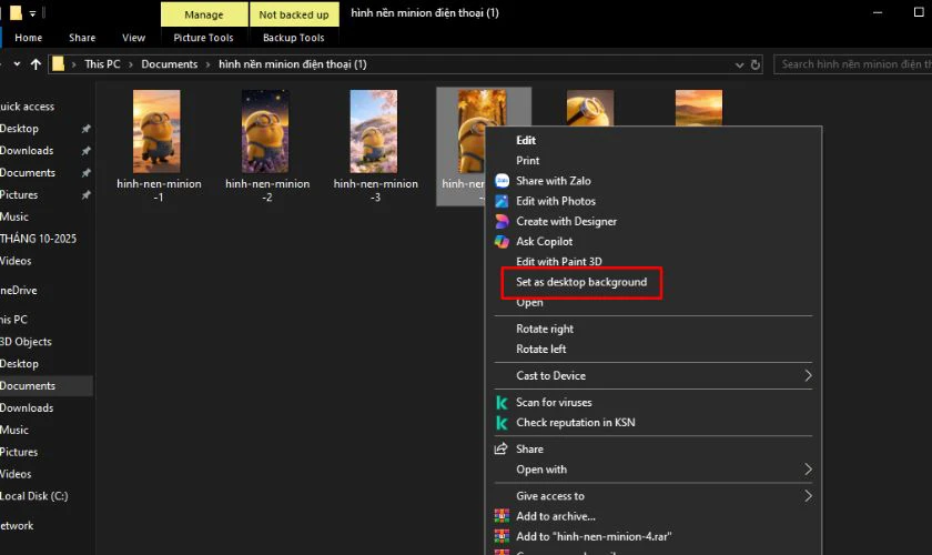 Chọn Set as desktop background / Đặt làm hình nền màn hình