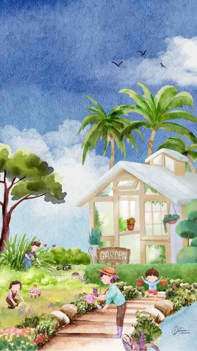 Hình ảnh gia đình cùng nhau dọn vườn
