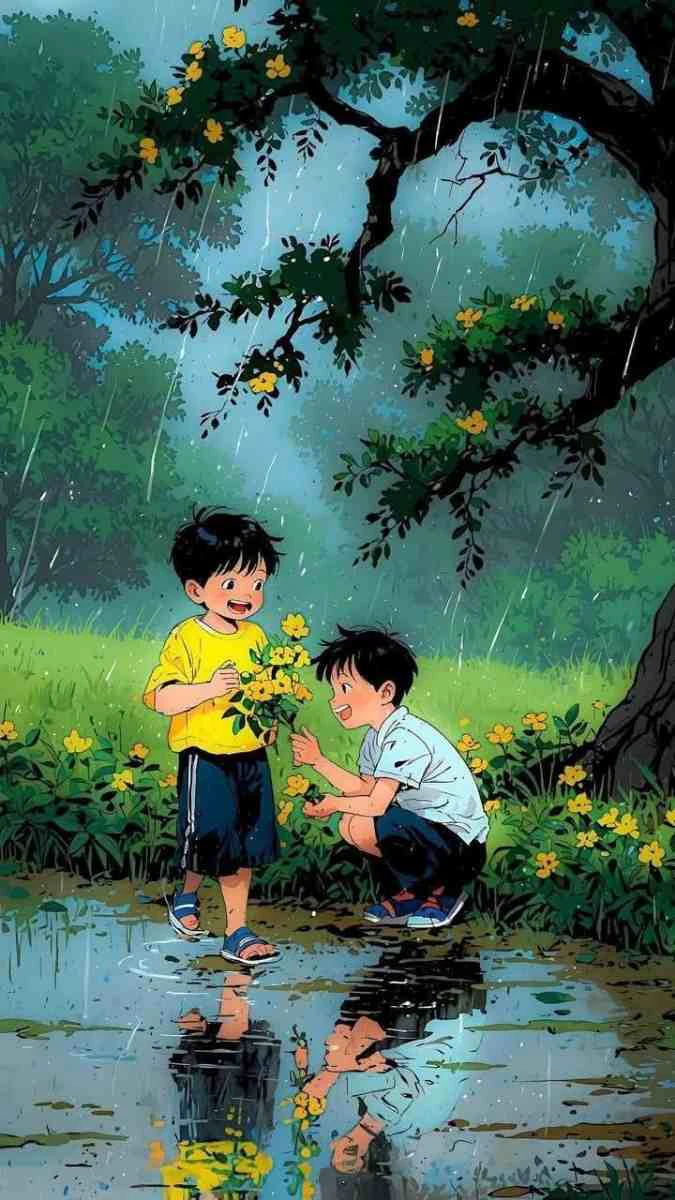 Hai đứa bé chơi đùa dưới mưa