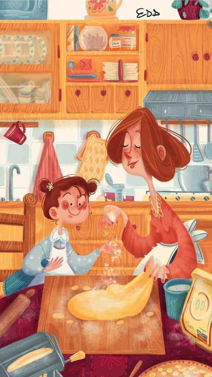 Bé gái cùng mẹ vào bếp