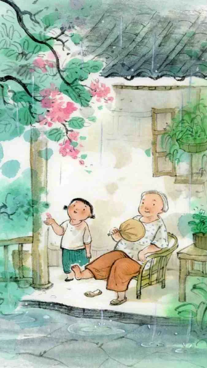Hình nền hai bà cháu ngắm mưa