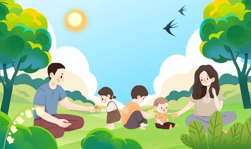 Cả nhà đi rừng cắm trại vui vẻ