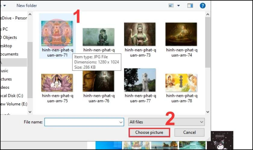 Chọn 1 tấm ảnh mà bạn muốn đặt làm hình nền, sau đó chọn tiếp Choose picture