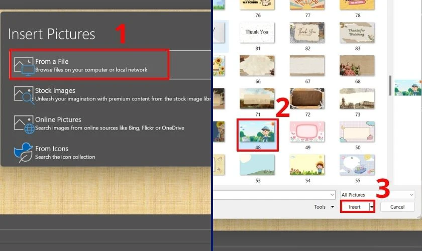 Chọn dòng From a file, chọn ảnh và nhấn Insert để chèn