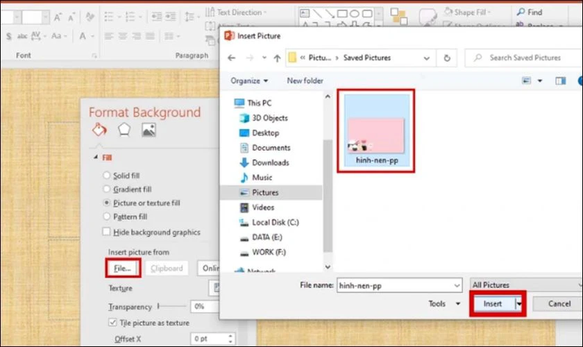 Trong hộp thoại Format Background chọn File. Chọn hình nền muốn chèn. Chọn Insert