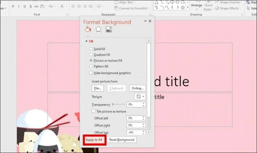 Nếu muốn áp dụng hình nền mới chọn cho tất cả Slide thì nhấn vào Apply to All