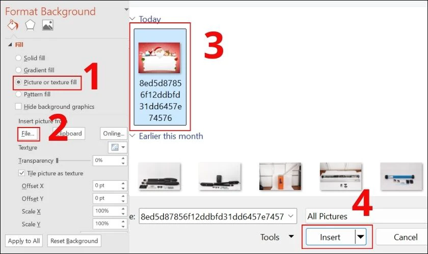 Chọn mục Picture or Texture Fill và tải ảnh lên