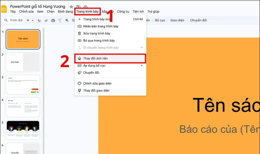 Chọn Trang trình bày và nhấn vào mục Thay đổi nền
