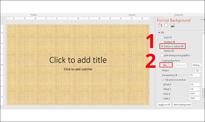 Tại mục Insert picture form bạn hãy nhấn File…